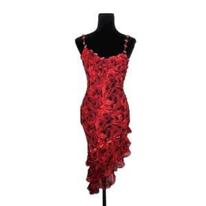 Cache Vtg 90s Silk Rose Print Assymetrical Slip Dress Size 2 W/ Ruffles Rosettes